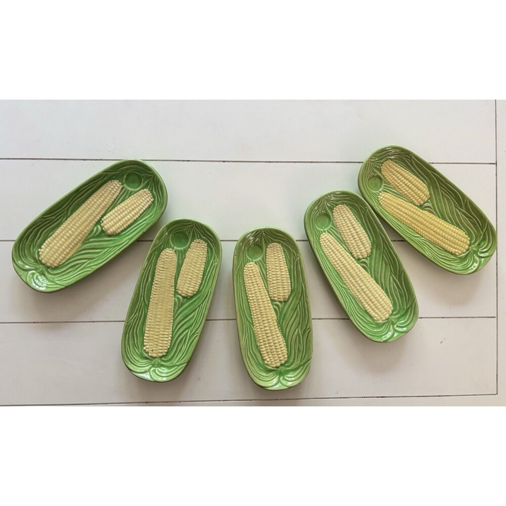 5 Vintage Corn on Cob Serving Dishes Plates Holders Majolica Style 50s Japan